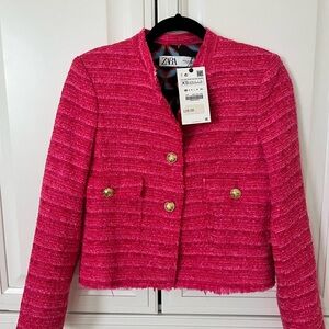 Zara Pink Blazer Cropped Tweed Jacket